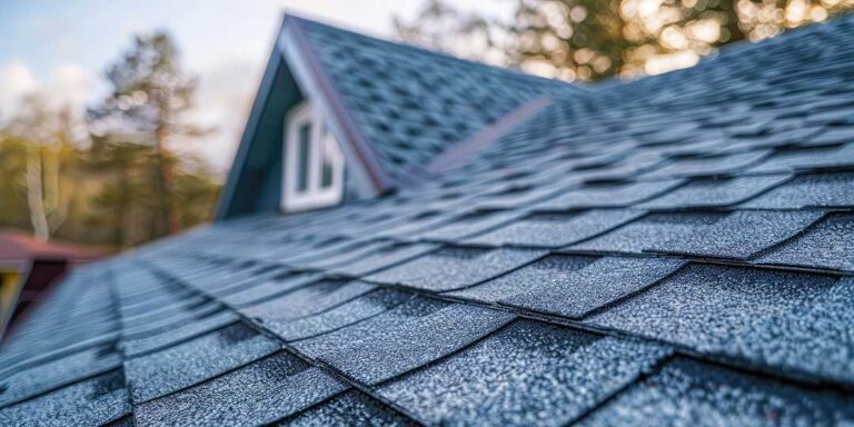 A close view of a house roof partially shaded by leafy tree branches, with some fallen leaves visible on the shingles.